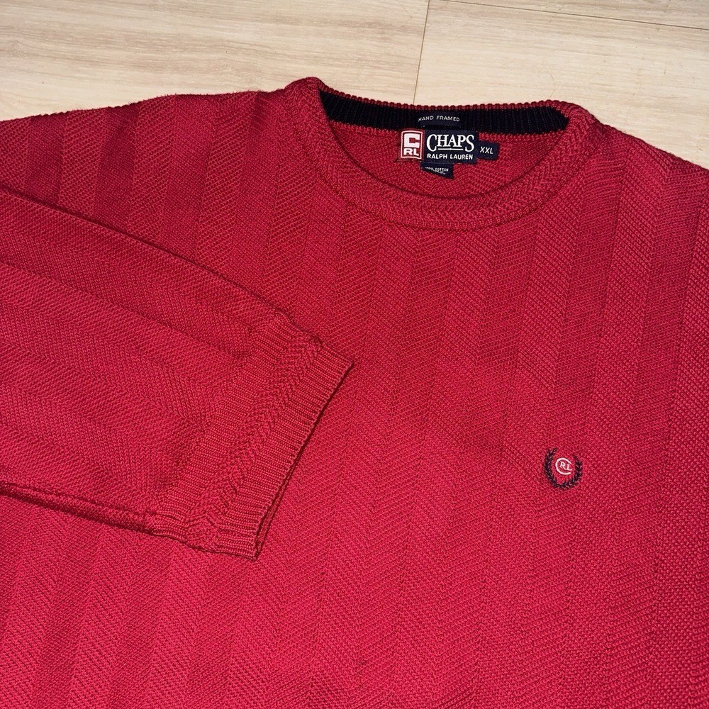 Vintage Chaps Ralph Lauren Hand Framed Sweater Mens XXL Red‎ Crest Knit Heavy